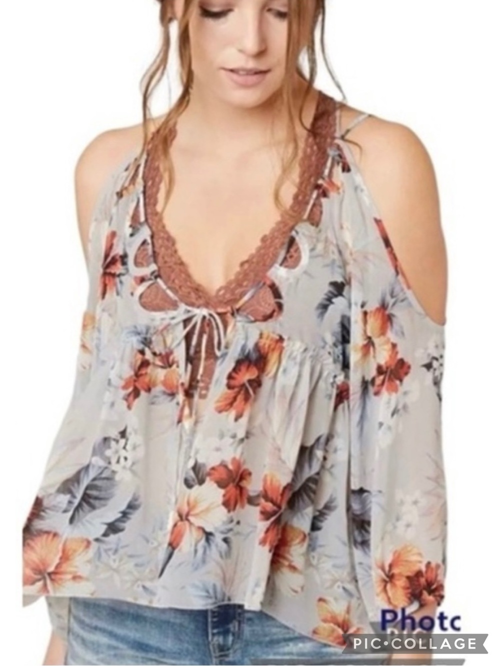 Gimmicks by BKE Gray Floral Cold Shoulder High Low Top XS Boho Peasant